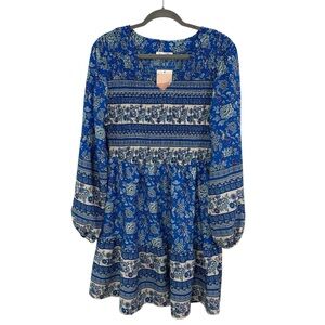 Kirundo Blue, White Floral Dress Size Large Smocked Bodice Long Sleeve V-Neck
